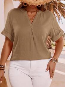 EMERY ROSE 大码夏季简约纯色纹理缺角领短袖宽松束腰上衣衬衫，夏季假期，女士度假，简约时尚日常穿着，度假风，春假，休闲春装，波西米亚风，外出，2025新款，秋季女士，舒适透气 - 棕色 - 查看 3