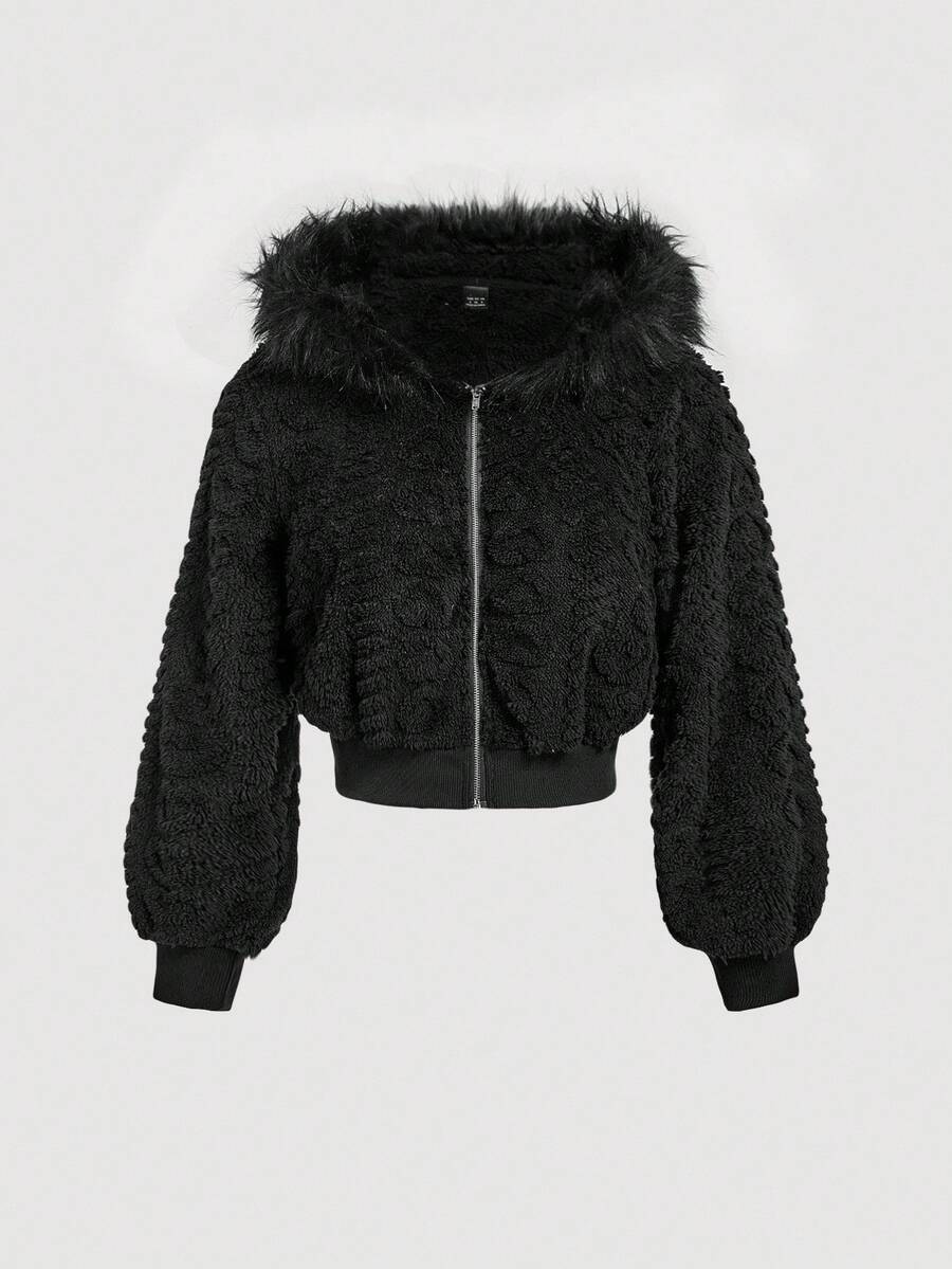 SHEIN MOD 女式连帽长袖心形图案蓬松装饰夹克，秋冬，早午餐女士，秋季婚礼宾客连帽衫，返校节，90 年代，女士深秋休闲撞色蓬松，拉链常规袖连帽常规剪裁纯色女式夹克，休闲日常穿着 - 黑色 - 查看 1