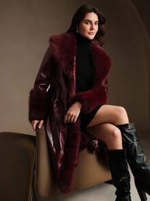 Anewsta Burgundy Shiny Leather Fitted Long Coat With Detachable Fur Collar, Fashion New Style For Autumn/Winter - Burgundy - View 5