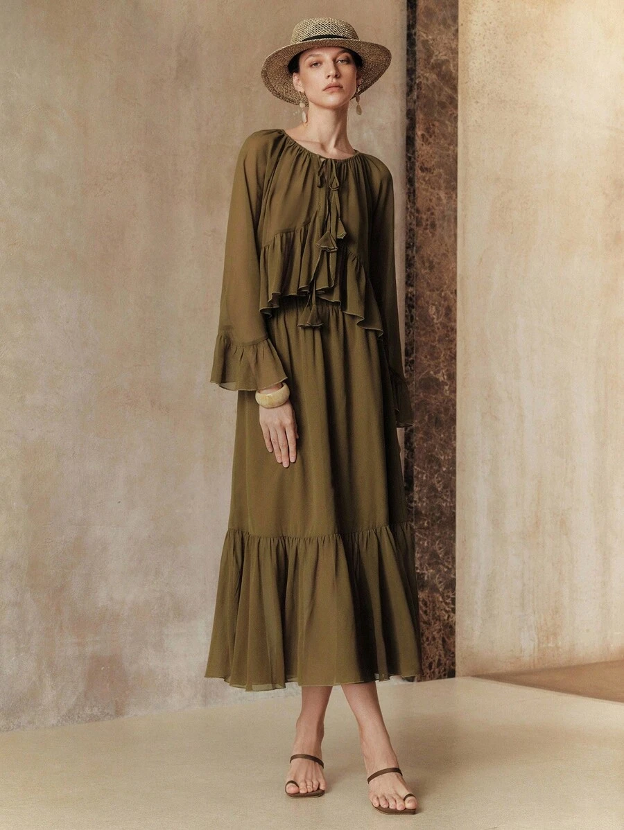 Revavyn Bộ đồ hai mảnh Cardigan và váy Maxi thanh lịch mùa hè dành cho nữ, phong cách thường ngày và đi làm - xanh quân đội - Xem 1