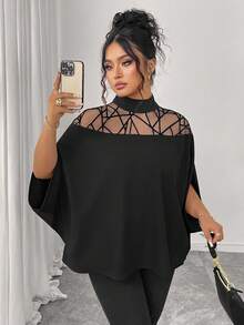 Almamuse Plus Size Elegant Slimming Mesh Patchwork Batwing Sleeve Blouse