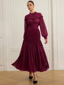 Aveloria Vestido de manga larga de gasa con pliegues y volantes en la cintura, de moda para el inicio del otoño para mujeres