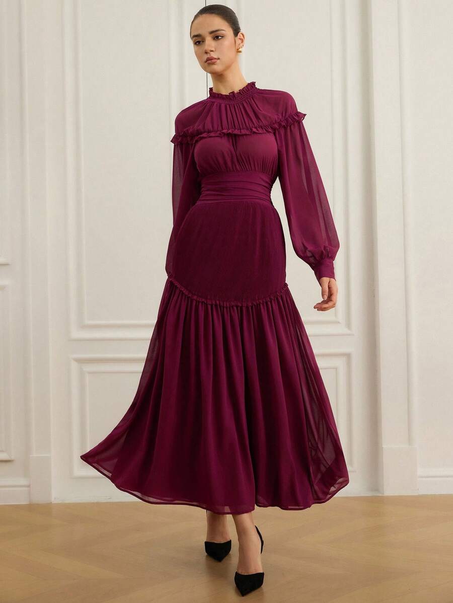 Aveloria Vestido de manga larga de gasa con pliegues y volantes en la cintura, de moda para el inicio del otoño para mujeres