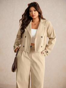 SHEIN Elaquor 2pcs Plus Size Casual Short Basic Windbreaker Jacket And Straight Leg Casual Pants Set - Apricot - View 4