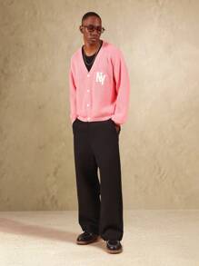 SUMWON Strickjacke im Varsity-Stil mit Knopfverschluss, NY Logo Patch, geripptem Muster, klassisch kollegial für Herbst und Winter, Buchstaben Patch, Langarm Pullover - Pink - Übersicht 4