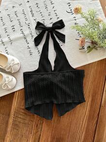 SHEIN LMoss Kids 年轻女孩休闲时尚百搭纯色针织吊带背心 - 黑色 - 查看 2