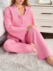 SHEIN Cottnline Plus Women 2 Pcs Button Front With Contrast Colour Stitch Detail Homewear Tredny Lounge Set Plus Size Pajama Set Ruffle Pajama Set Plus Size Sleepwear Set Curve Pajama Set Plus Size Ruffle Pajamas - Pink - View 7
