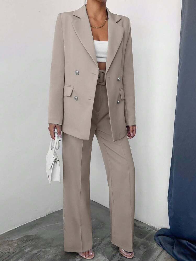Women's Solid Color Lapel NeckLong Sleeve Jacket And Pants Casual Suit Set - Beige - View 5