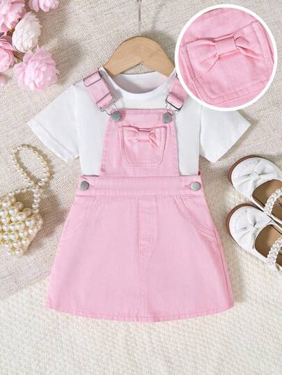 SHEIN Vestido de mezclilla rosa lindo para bebé niña, uso casual y cómodo