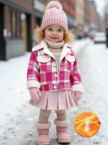 SHEIN Veste de mode mignonne à manches longues avec col en fausse fourrure à carreaux pour bébé fille, hiver - Rose vif - Voir 1