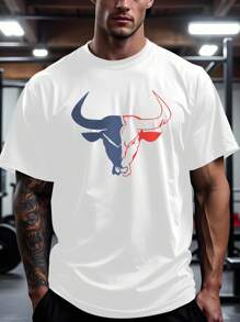 Manfinity Sport Corelite Herren T-Shirt mit Rundhalsausschnitt, überschnittener Schulter, kurzärmelig, lässig, mit Bullenkopf-Grafik, Sport-Tanktop - Weiss - Übersicht 1