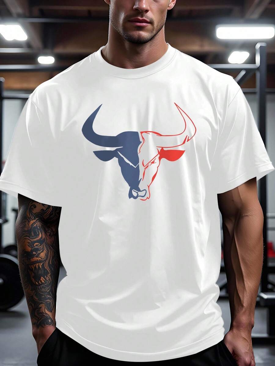 Manfinity Sport Corelite Herren T-Shirt mit Rundhalsausschnitt, überschnittener Schulter, kurzärmelig, lässig, mit Bullenkopf-Grafik, Sport-Tanktop - Weiss - Übersicht 1