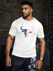 Manfinity Sport Corelite Herren T-Shirt mit Rundhalsausschnitt, überschnittener Schulter, kurzärmelig, lässig, mit Bullenkopf-Grafik, Sport-Tanktop - Weiss - Übersicht 3