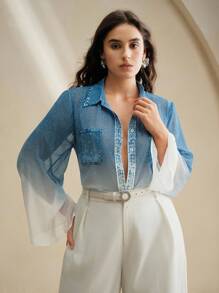 Anewsta 女士长袖渐变蓝色雪纺衬衫，优雅时尚 - 藍色 - 查看 6