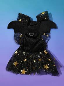 PETSIN 1pc Pet Halloween Costume Dress Black Star Mesh Lace With 3D Bat Wings, Leash Attached - Multicolor - View 1