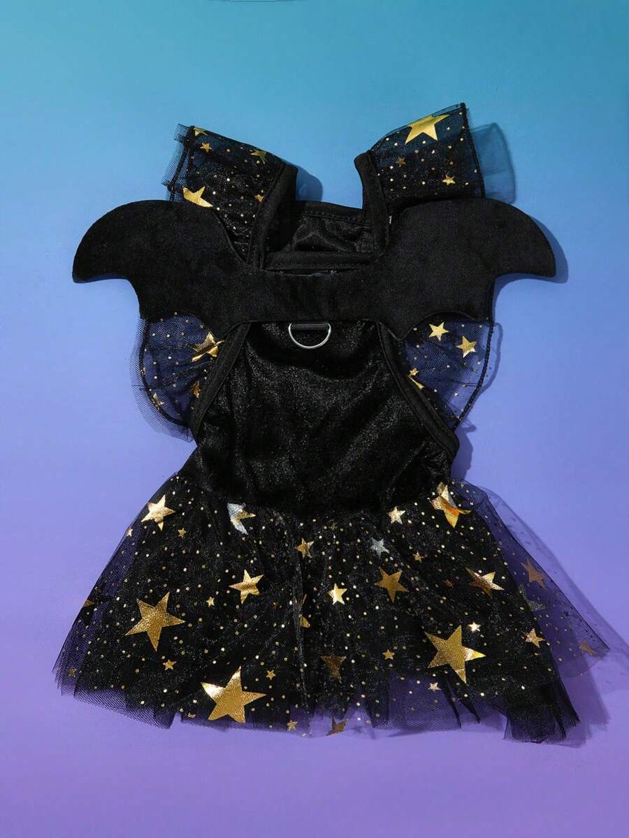 PETSIN 1pc Pet Halloween Costume Dress Black Star Mesh Lace With 3D Bat Wings, Leash Attached - Multicolor - View 1