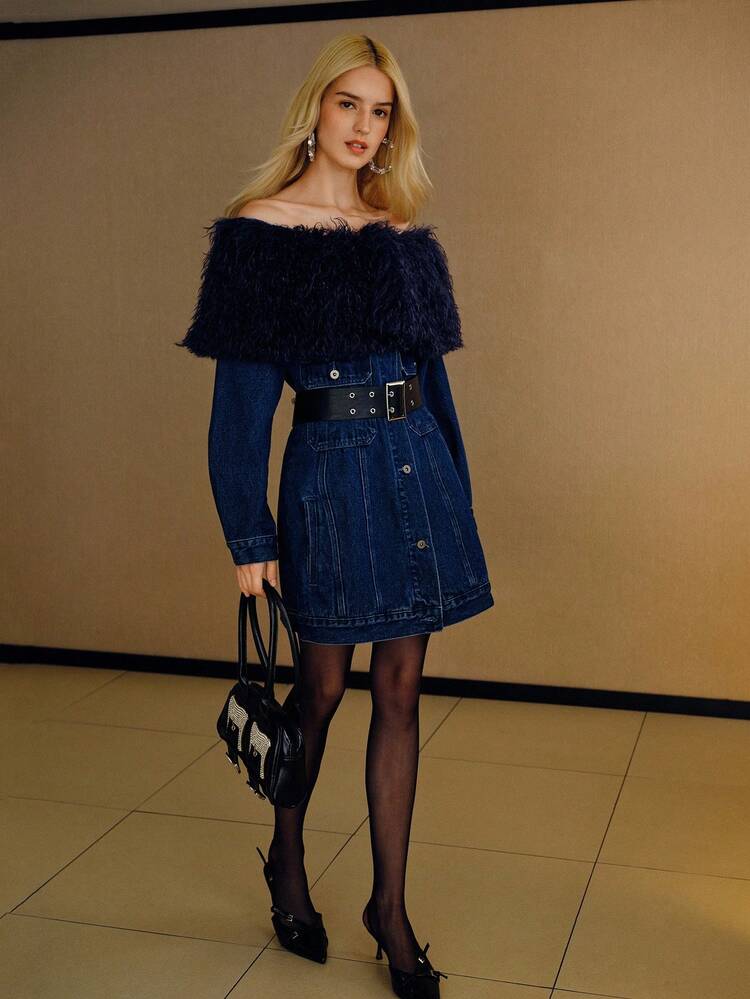 OFF SHOULDER CONTRAST FAUX FUR BELTED DENIM DRESS