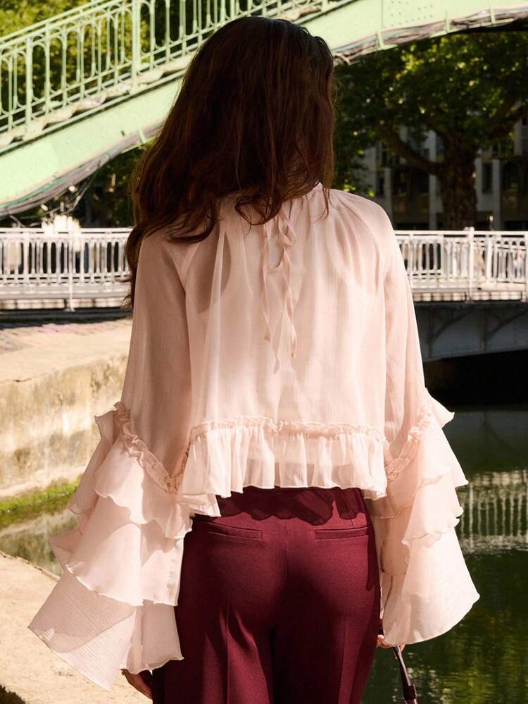 Top Boêmia Transparente com Babados em Rosa Claro, Top de Férias, Top para Encontros à Noite, Top para Sair, Primavera Verão