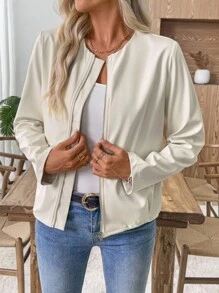 EMERY ROSE Women's Raglan Sleeve Zip-Up Round Neck Casual Versatile Jacket Zip Up Jacket Summer Jacket For Women Lightweight Jacket Cover Up Jacket Blazer In Fall/Winter - White - View 6