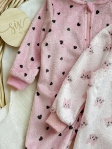 2 件套新生儿女孩可爱猫咪和心形印花罗纹领前拉链长袖连脚柔软保暖羊毛连体衣睡衣，适合秋冬季 - 粉色 - 查看 6