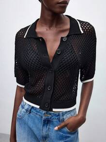 Maija 女士宽松蝙蝠袖圆领镂空针织开衫，商务休闲，适合音乐节，波西米亚风格 - 黑色 - 查看 1