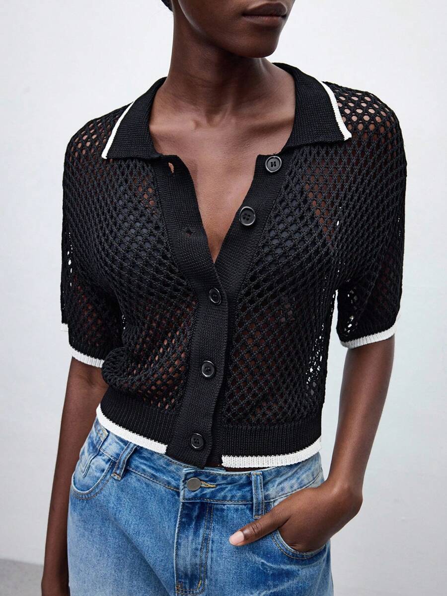 Maija 女士宽松蝙蝠袖圆领镂空针织开衫，商务休闲，适合音乐节，波西米亚风格 - 黑色 - 查看 1