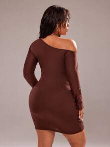Rustia Sexy Bodycon Asymmetric Shoulder Ruched Waist Mini Dress Fall Cloth For Women - Brown - View 2