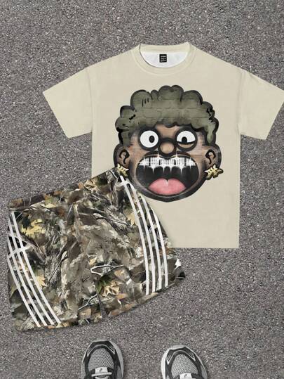 Conjunto informal de camiseta de manga corta de cuello redondo y pantalones cortos minimalista para adolescentes, adecuado para el verano, camiseta gráfica de moda clásica con retrato de persona genial y estampado de rama de hoja, conjunto casual de 2 piezas