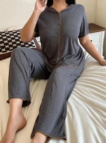 SHEIN 深灰色加大码女式睡裤套装，有领，宽松舒适，灰色睡衣套装，休闲服套装，两件套睡衣套装，配套睡衣套装，服装 - 深灰色 - 查看 6