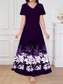 Modelyn 紫色 V 领女式夏季针织短袖花卉印花连衣裙，可作为外套或内衣/工作服穿着，美丽的白色花朵下摆印花，适合约会、休闲、派对、度假，女士夏装，女士长裙。花卉长裙/优雅花卉长裙 - 紫色 - 查看 4