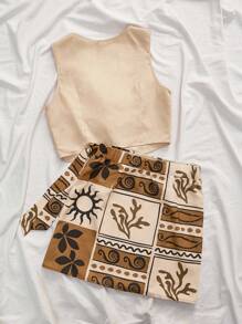 Travachic 多色短款两件套，搭配 V 领上衣和拉链波西米亚风半身裙，两件套女士夏季套装，波西米亚风两件套，棕褐色两件套沙漠装，编织图案印花，女士休闲夏季度假装，波西米亚海滩度假装，波西米亚风时尚，节日装，女士海滩装，女士夏季装，毕业装，女士生日装，海滩必备品，女士机场装，欧洲夏季装，女士乡村装，返校装，返校节装，老钱风格女士，街头女士，Y2k，夜间外出，秋季服装，冬季服装，可爱，外出装 - 彩色 - 查看 2