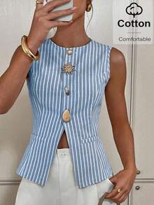 Siren Gaze 女士舒适棉质金属扣条纹印花吊带背心 - 淺藍色 - 查看 1