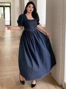Dazy Plus 深洗蓝色方领短袖长款牛仔连衣裙，夏季 - 深色水洗藍 - 查看 3