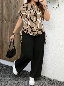 EMERY ROSE 大码女式休闲不对称条纹印花圆领短袖宽松裤两件套，适合夏季两件套休闲套装女式衬衫和裤子套装裤子和上衣套装阔腿裤套装抽象印花服装，女士假日服装