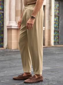 HIMLAND Pantaloni casual da uomo in vita media, gamba dritta, con pieghe, pantaloni con pieghe da uomo in vita alta, pantaloni beige da uomo, pantaloni eleganti da uomo, pantaloni kaki da uomo, pantaloni kaki larghi da uomo, pantaloni casual da uomo