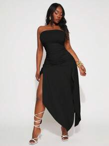 SHEIN SXY 大码女装春夏优雅新都市纯色褶皱腰不对称下摆高开衩抹胸连衣裙，适合日常穿着，波西米亚风 - 黑色 - 查看 5