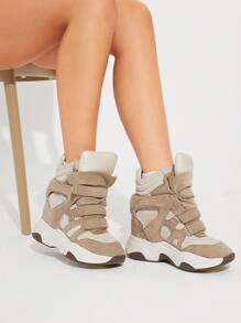 Solezae New Fashionable Super Maranto Taupe Beige High Top Hook And Loop Strap Quilted Padded Collar Hidden Wedge Sneaker Shoe For Christmas