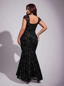 Viva Relle 大码女式弹力紧身优雅派对/生日/场合美人鱼蕾丝网眼吊带裙，适合秋冬夏季 - 黑色 - 查看 3