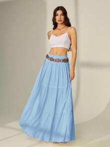 SHEIN Tall 女式纯色褶皱腰荷叶边下摆半身裙 - 淺藍色 - 查看 3