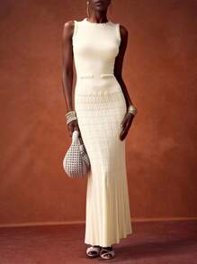 Zivah 纯色褶皱镂空修身优雅无袖针织连衣裙 - 杏色 - 查看 9