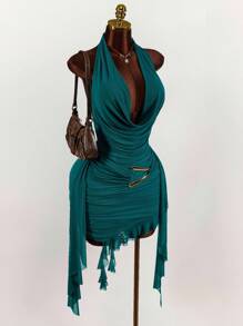 Amplova Fitted Sleeveless Mesh Mini Dress In Green With Ruched Design And Halter Neckline,Party Dress - Green - View 4