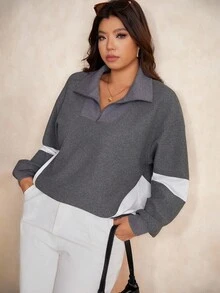 Elaquor Maglione oversize da donna casual e minimalista, in stile streetwear, con patchwork a contrasto di colore e lavorazione a nido d'ape, morbido e ampio, con mezza chiusura lampo, adatto per autunno/inverno - Grigio Scuro - Visualizzare 6