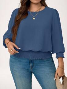 SHEIN LUNE Áo cánh tay đèn lồng màu trơn cỡ lớn, thường ngày, áo xanh dương ngày lễ năm mới - Màu xanh bụi bặm - Xem 5