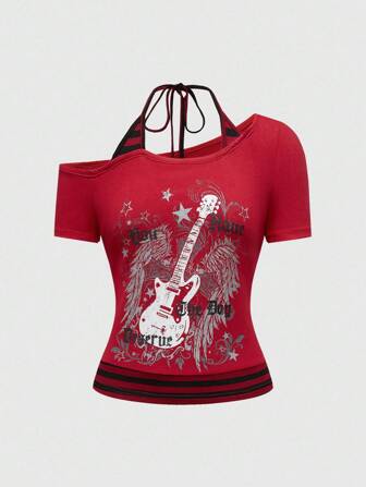 J-Fashion Gyaru Sommer Strand West Konzert Frauen Raves Festival Streetwear Sexy Y2K 2 in 1 asymmetrisches Schulter gestreiftes Kontrast Farbvine Muster Spaten Träger Binden Frauen T-Shirt