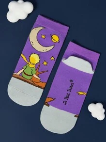 LE PETIT PRINCE X SHEIN 4 双柔软透气吸湿排汗休闲女士短袜时尚可爱卡通图案短袜加固脚趾和脚跟，适合所有季节，百搭，月亮和星星