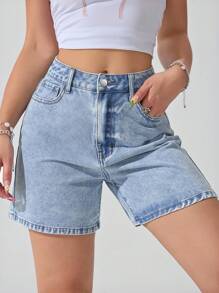 SHEIN ICON Plus Size Casual Washed Denim Shorts - Teal Blue - View 5