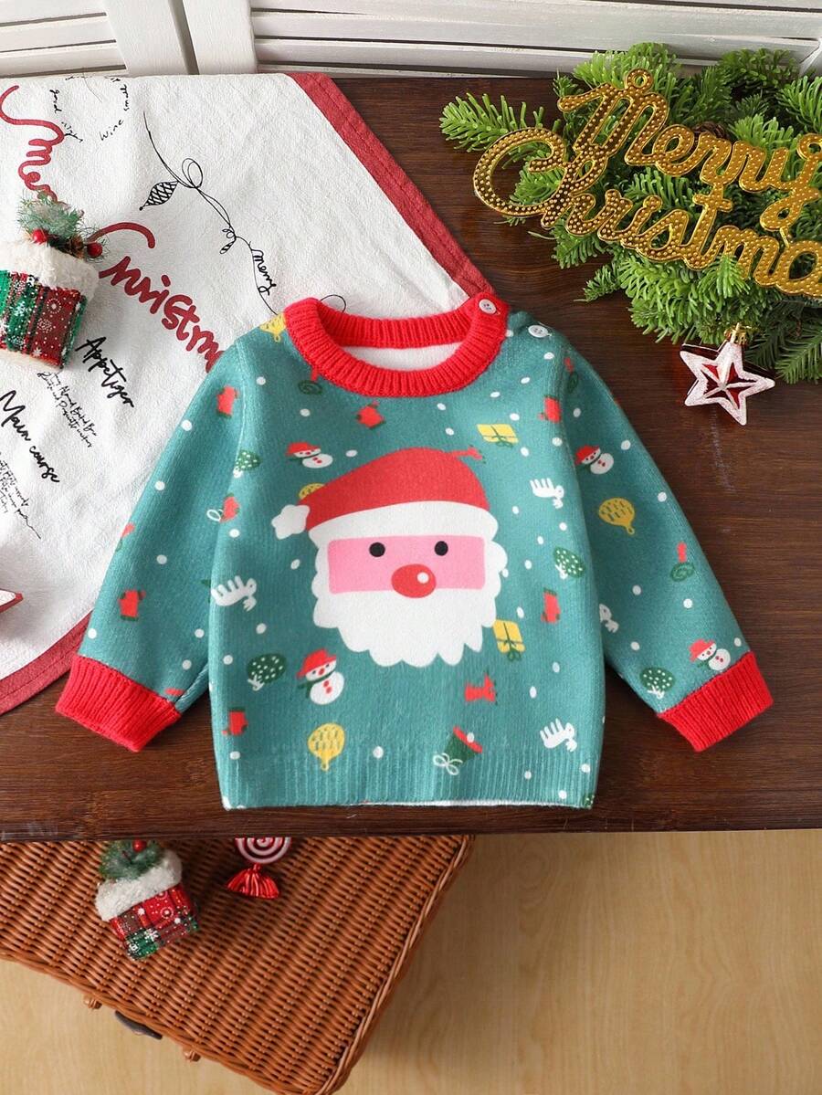 Toddler Boys' Christmas Santa Claus Pattern Knit Sweater,Green,Autumn,Funny Graphic,Matching Family Baby Clothes Knitted Fall Winter Kids Sweaters - Multicolor - View 1