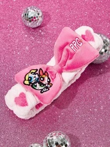 THE POWERPUFF GIRLS X SHEIN 1 件花朵、泡泡、毛茛刺绣柔软蝴蝶结头带，浴室和淋浴头带，适合洗脸和化妆，粉色发带 - 粉色 - 查看 5