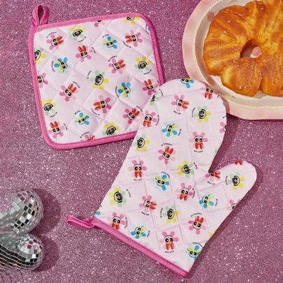 THE POWERPUFF GIRLS X SHEIN Sản phẩm cách nhiệt dễ thương hình hoa, bong bóng, hoa mao lương dùng trong nhà bếp, 2 lựa chọn: Găng tay/Thảm, dùng được trong lò nướng, lớp bông dày cách nhiệt