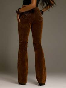 MUSERA 铆钉丝绒喇叭牛仔裤，西部乡村街头风，节日优雅，Y2K性感可爱，90年代波西米亚风，中西部工作办公室冬季时尚春夏装扮 - 棕色 - 查看 4